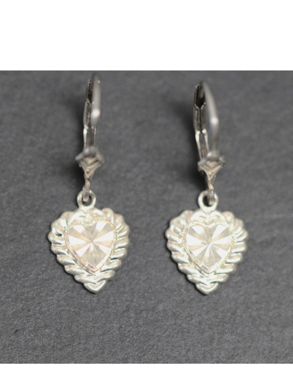 Sterling Heart Dangle Earrings with Faceted Center - Silver